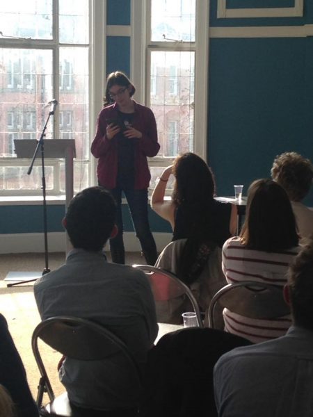 Bryony Bates performing at Peter Barlow's Cigarette poetry reading